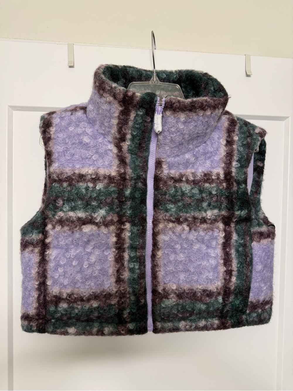 Forever 21 Lavender Plaid Fuzzy Vest with Green and Brown Accents